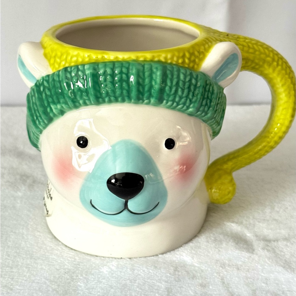 St. Nicholas Square Hand Painted Cute Polar Bear Mug Green Knit Hat EUC
